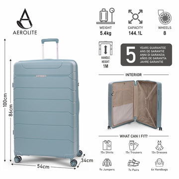Aerolite 32” XL 144L Polypropylene (PP) Checked Luggage – Lightweight Extra Large Hard Shell Suitcase with 4 dual Spinner Wheels, TSA Lock & Waterproof Pocket – Sage